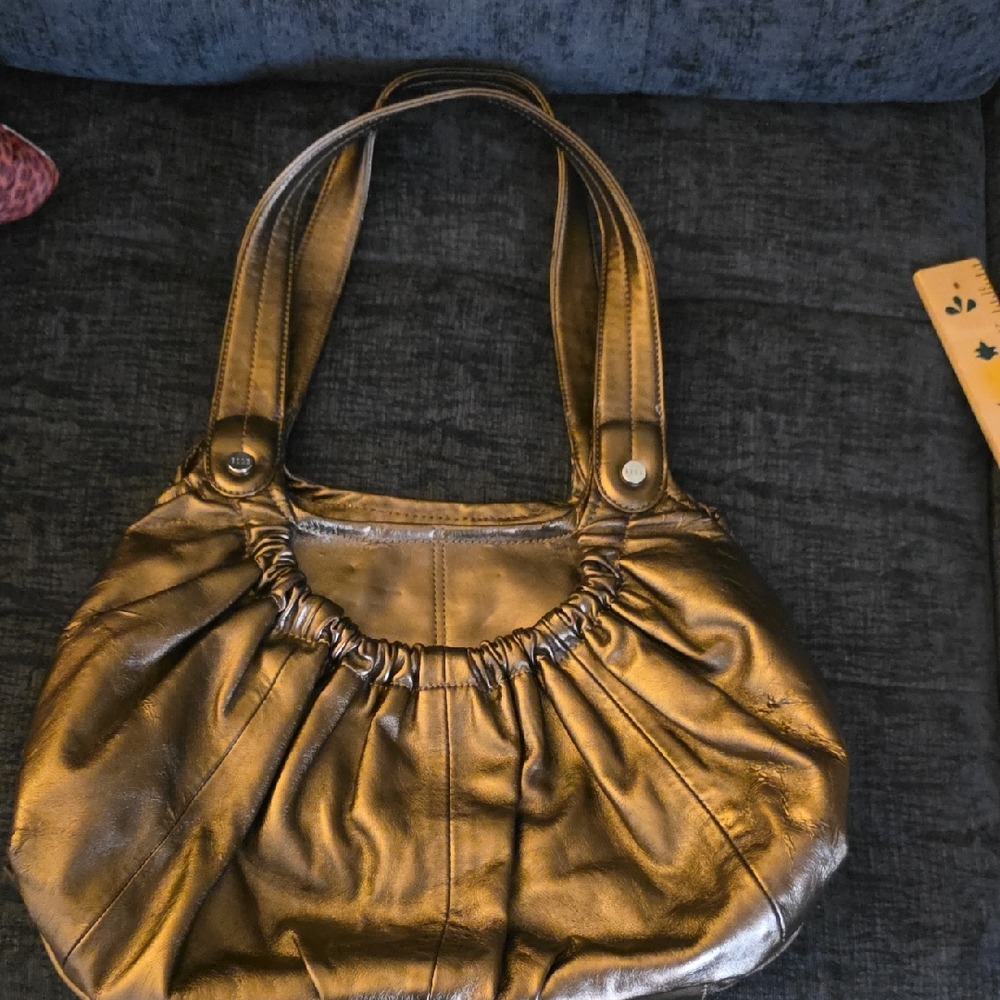 ELLE Faux Leather Shoulder Bag – Gathered Front Detail – Approx. 12″W × 9″H × 4″